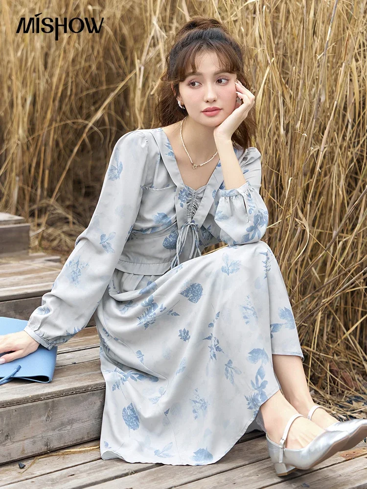 MISHOW French V-neck Long Sleeve Floral Dress for Women 2023 Autumn Lace-up Waist A-LINE Elegant Temperament Dresses MXC42L1566