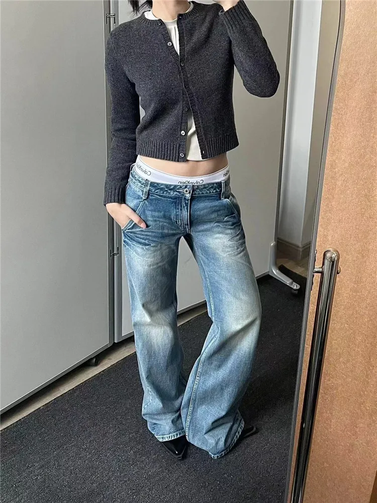 

American High Street Low Waist Sexy Micro Flared Jeans Women Summer Washed Vintage Slim Long Floor Length Pants