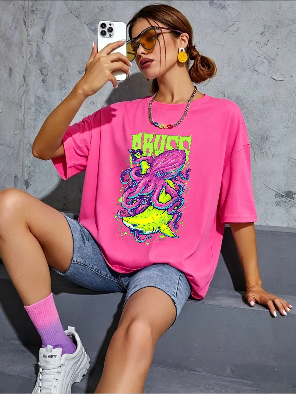 Abuzz Lila Tintenfisch Bedruckte T-Shirts Baumwolle Damen Sommer Kurzarm T-Shirts Weiche Basic Oversized Tops Lässige O-Neck Kleidung – Detail 22