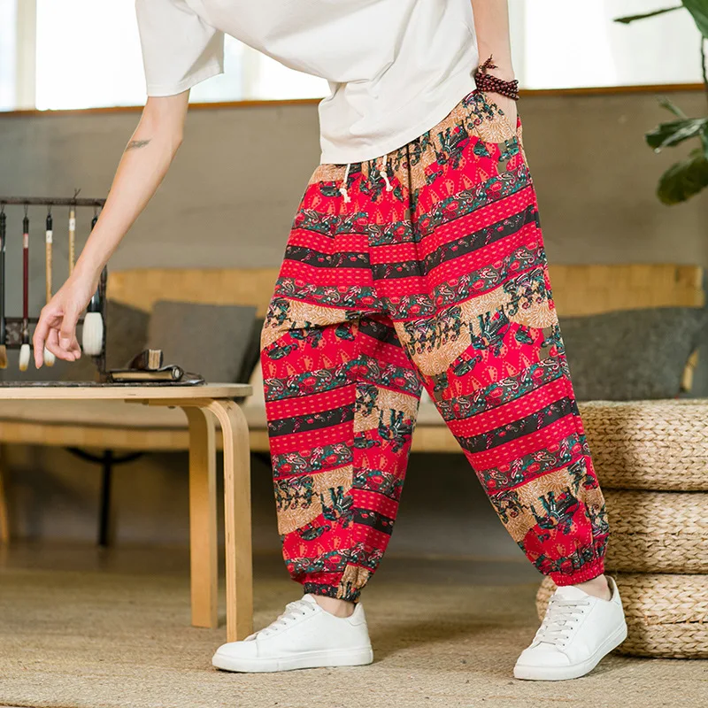 

Man Chinese Style Cotton and Linen Casual Pants Fashion Famous Clan Print Harem Pants Loose Drawstring Elastic Waist Pants
