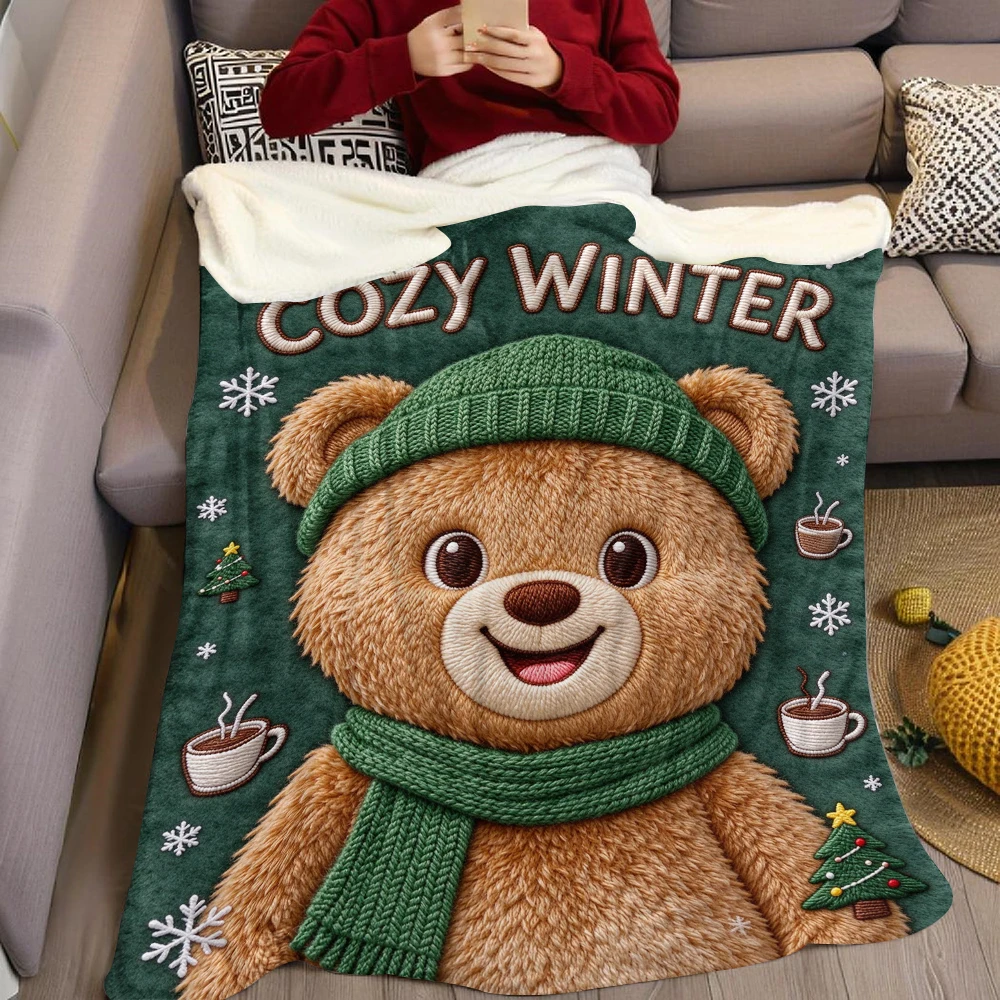 Stitch Khaki Cocoa Flannel Blanket Warm Soft Halloween Christmas Decorative Couch Warm Cozy All-Season Gift