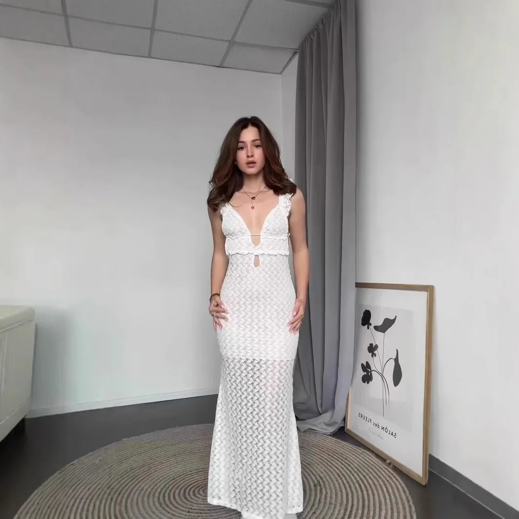 แฟชั่นลูกไม้ Hollow Out Lace Up ชุดเดรสฤดูใบไม้ผลิผู้หญิง V คอ Backless สะโพกฤดูร้อนเอวสูง Slim ข้อเท้าความยาวชุด