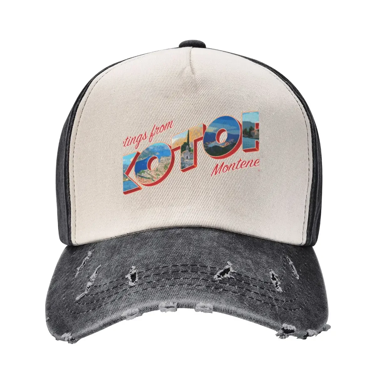 

Greetings from Kotor in Montenegro Vintage style retro souvenir Baseball Cap Golf Hat fun hats Kids Hat Men Luxury Brand Women's