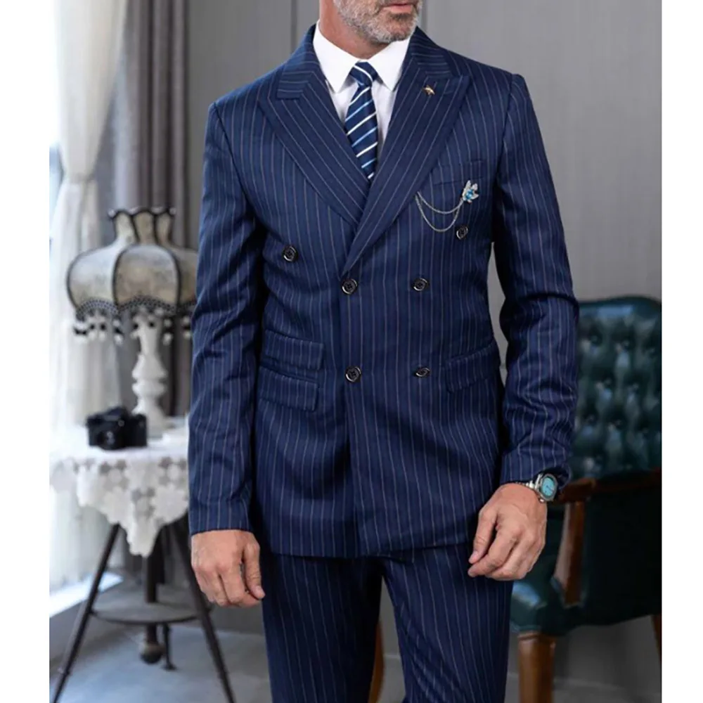 

Luxury Double Breasted Peak Lapel Costume Homme Slim Fit Blue Stripe 2 Piece Jacket Pants Outfits Formal Men's Suits 2024