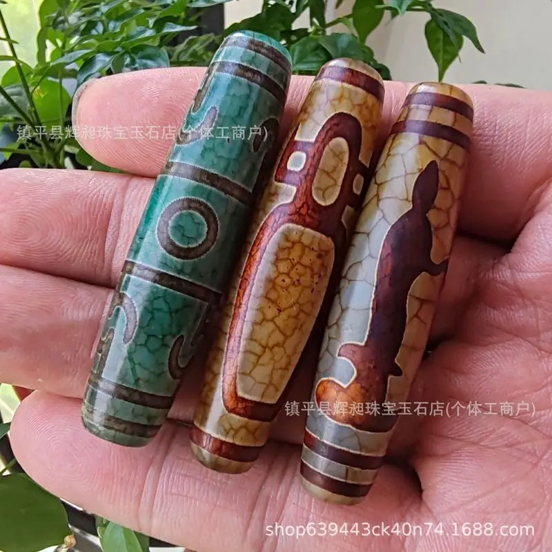 Old Aged Tibetan-Style Green Agate , Loose , Nine-Eyed Guanyin Dzi , Jewelry Beads, Accessories, And Decorati