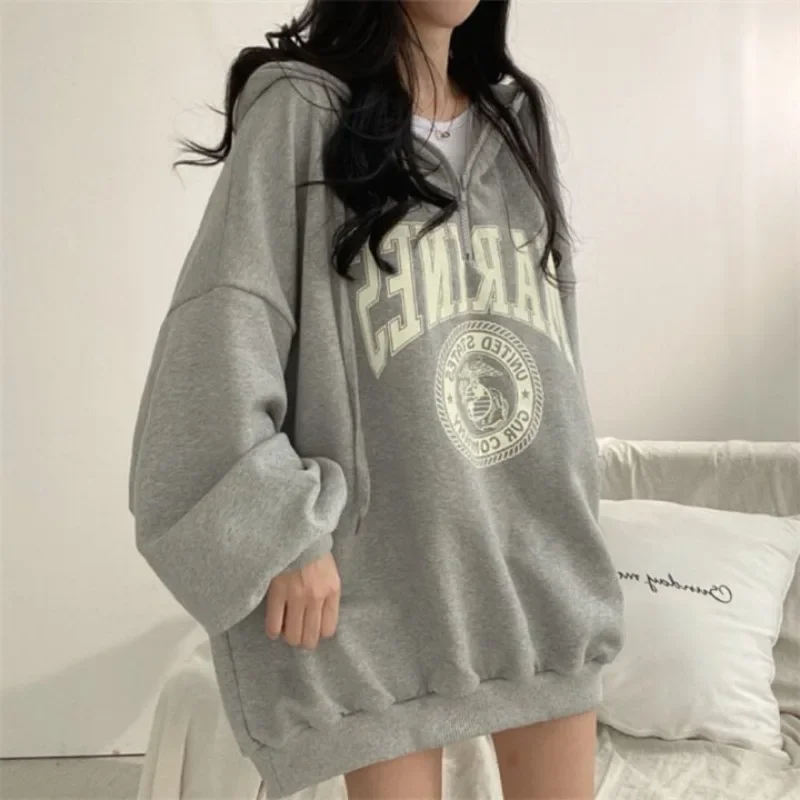 Graphic Hoodies Baggy Tops Grey with Zipper Sweatshirts for Women Full Zip Up Hooded Loose Female Clothes Pullovers Sport Trend