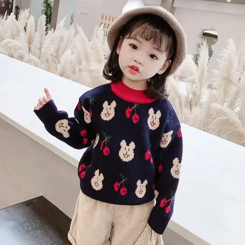 Autumn and Winter Girls' Pullover Round Neck Patchwork Printing Screw Thread Loose Fashion Casual Elegant Long Sleeve Sweater