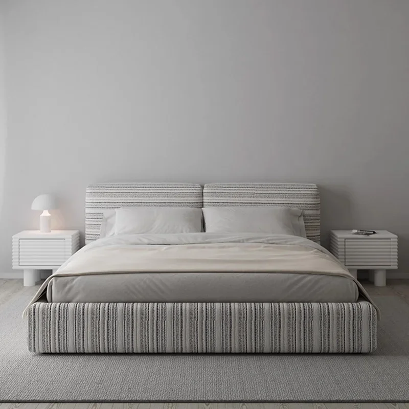 Fabric Striped Bed Square Minimalist Soft Bed Bedroom Furniture Customizable