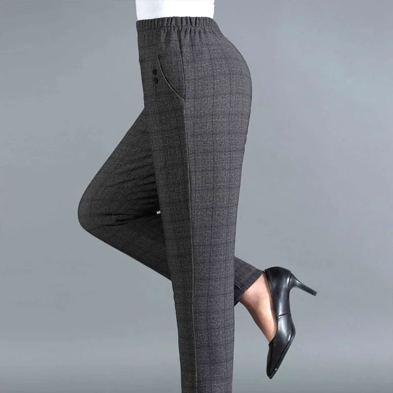 black Gray color plus size Middle aged elderly women pants elastic waist plaid office lady high harem ankle-length pants loose