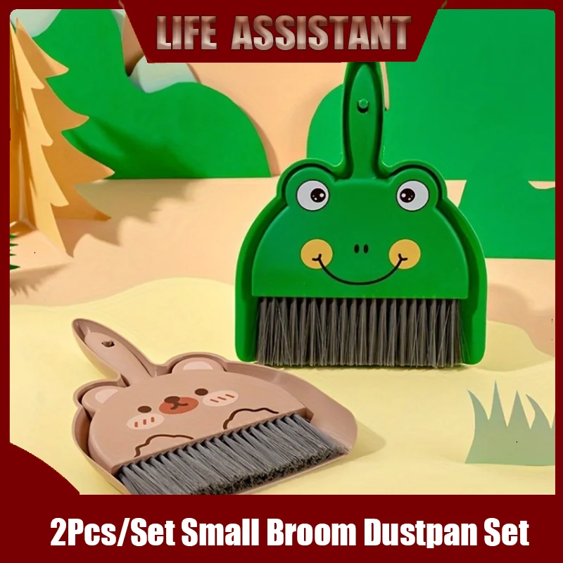 2Pcs/Set Small Broom Dustpan Set Cartoon Rabbit Bear Frog Pattern Keyboards Cleaning Mini Broom Dustpan Set