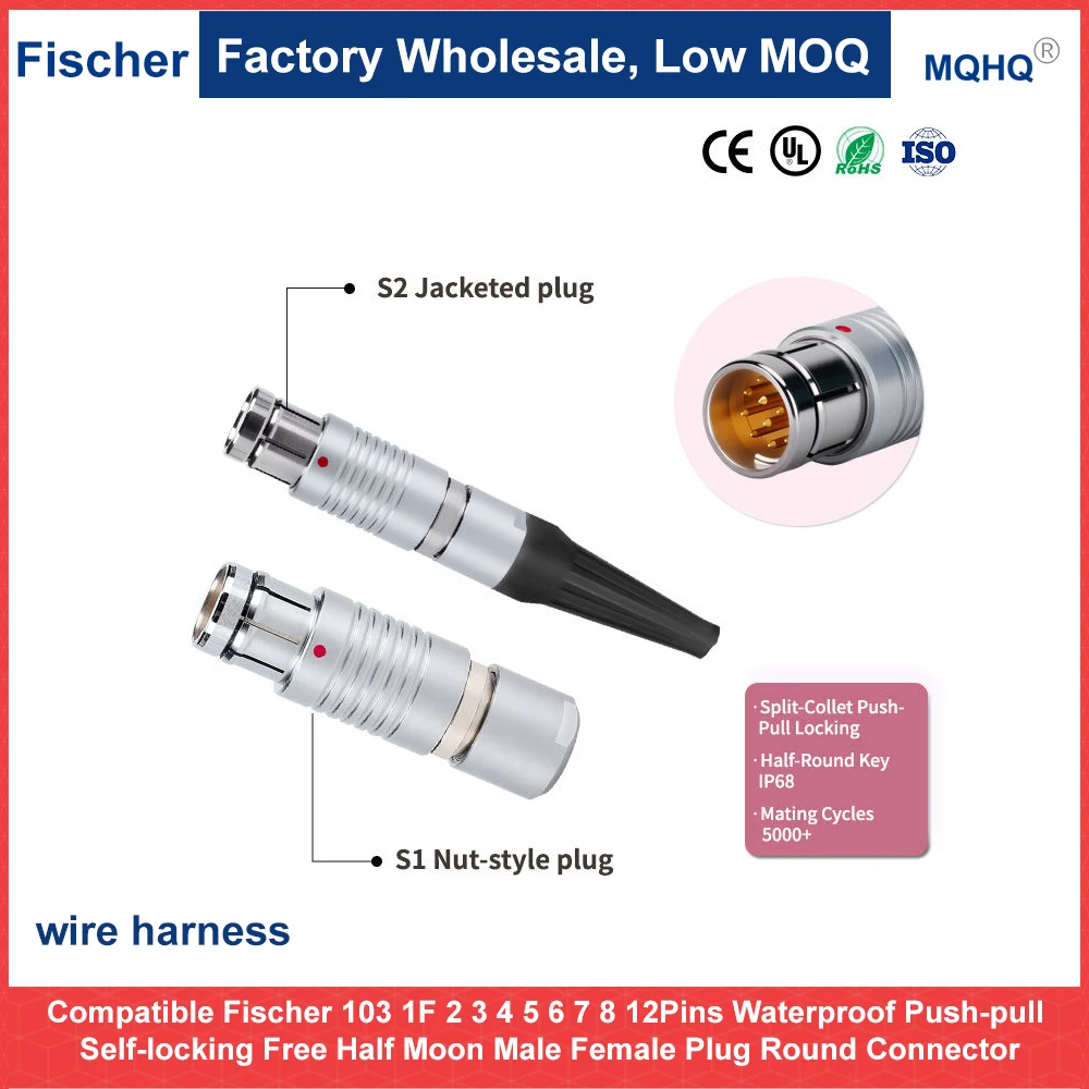 Compatible Fischer 103 1F 2 3 4 5 6 7 8 12Pins Waterproof Push-pull Self-locking Free Half Moon Male Female Plug Round Connector