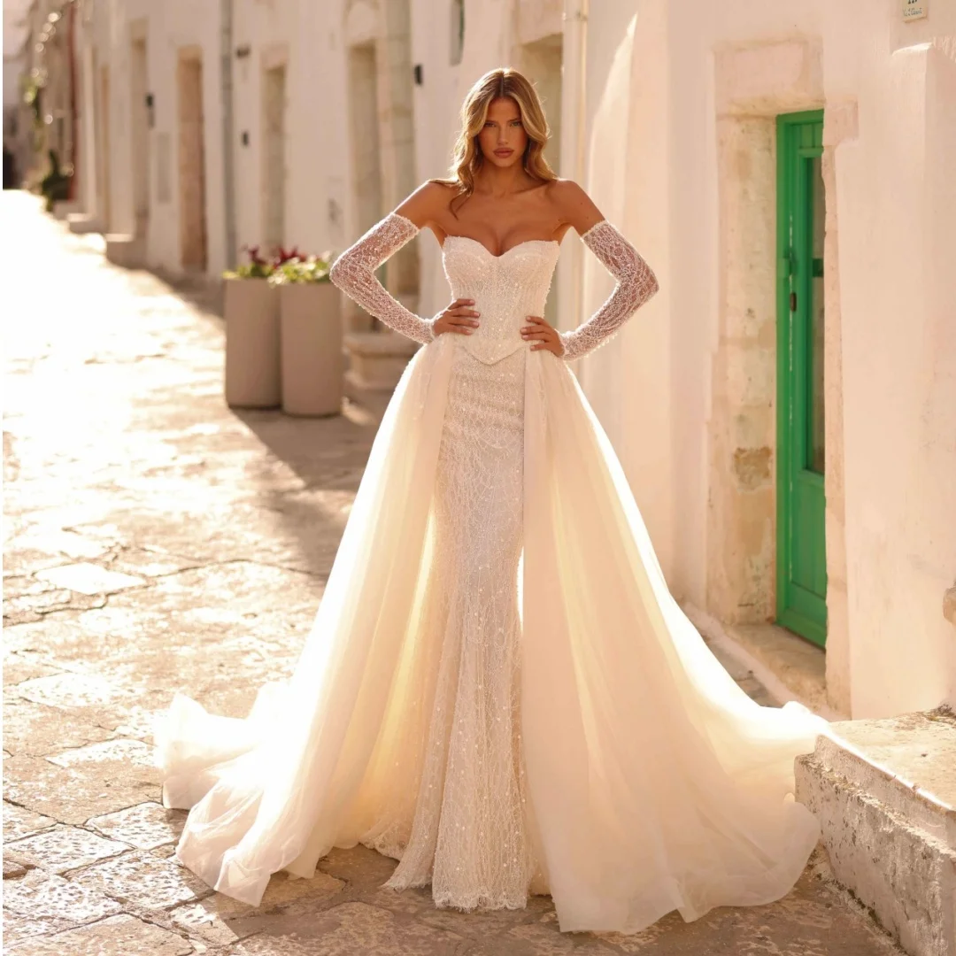 

Изысканные свадебные платья в стиле русалки с перчатками, съемным шлейфом, кружевом и пайетками, роскошное корсетное свадебное платье, индивидуальный пошив.