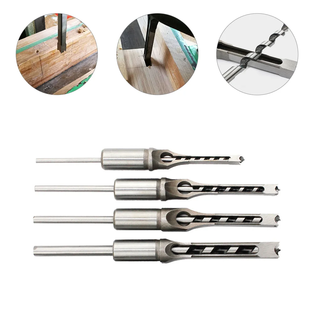 

4 Pcs Square Hole Drill Bit Set for Wood Working High Hardness Wear Resistant Carpenter Drilling Mortise Wood Drill Kit