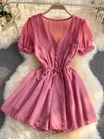 2025 Summer Women Playsuit Polka Dot See Through Thin Beach Rompers Sexy V-neck Short Sleeve Drawstring Sash Slim Waist Overalls - Image 2