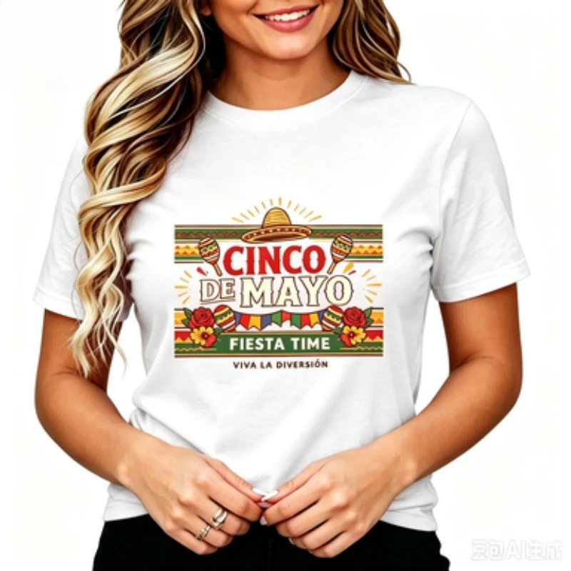 Women Round Neck Cotton T Shirt Happy Cinco de Mayo Mexican Festival Maracas Rose Graphic Casual Summer Short Sleeve Top