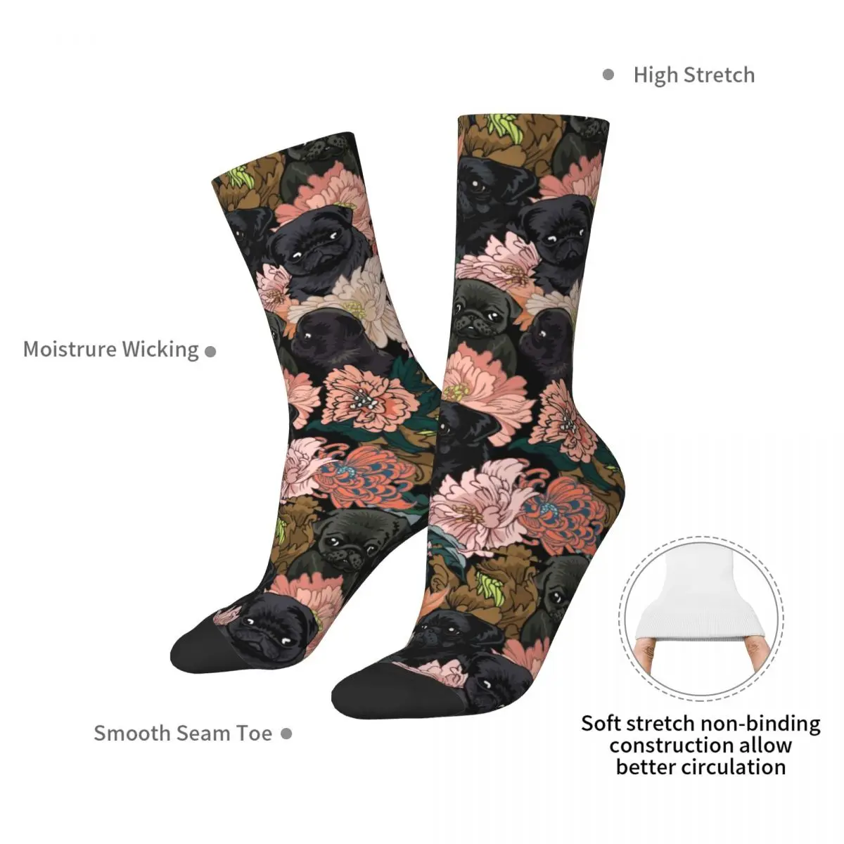 Because Black Pug Stockings Cute Flower Printed Trendy Socks Winter Non Slip Socks Ladies Cycling Quality Socks