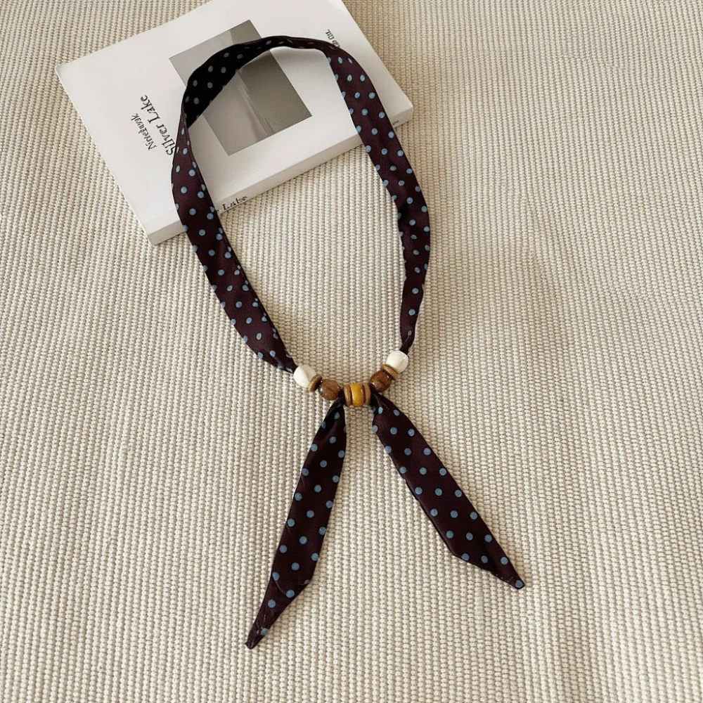 Fashion Vintage Thin Polka Dot Neckerchief Beads Adjustable Choker Scarf French Style Elegant Silk Scarf Necklace Shirt Collar