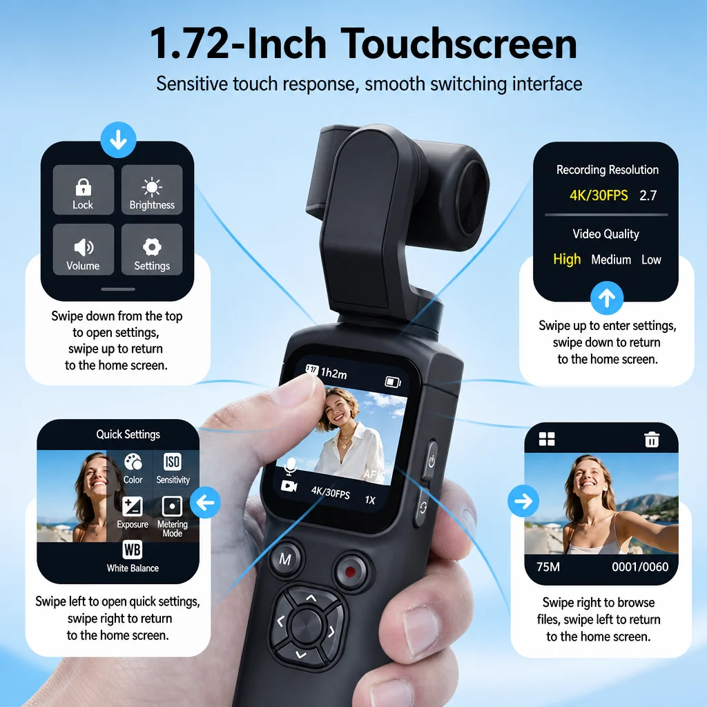 4K HD Video Recording Pocket Gimbal Camera 75MP Photo Face Tracking Vlog Shooting Wireless WiFi Mini Handheld Action Camera Gift