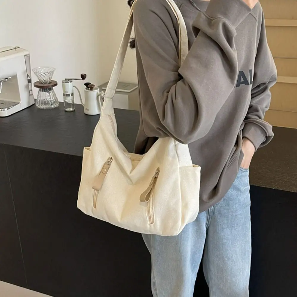 

Solid Color Canvas Crossbody Bag Japanese Style with Pockets Women Bucket Bag School Bag Tote Bag Nylon Shoulder Bag