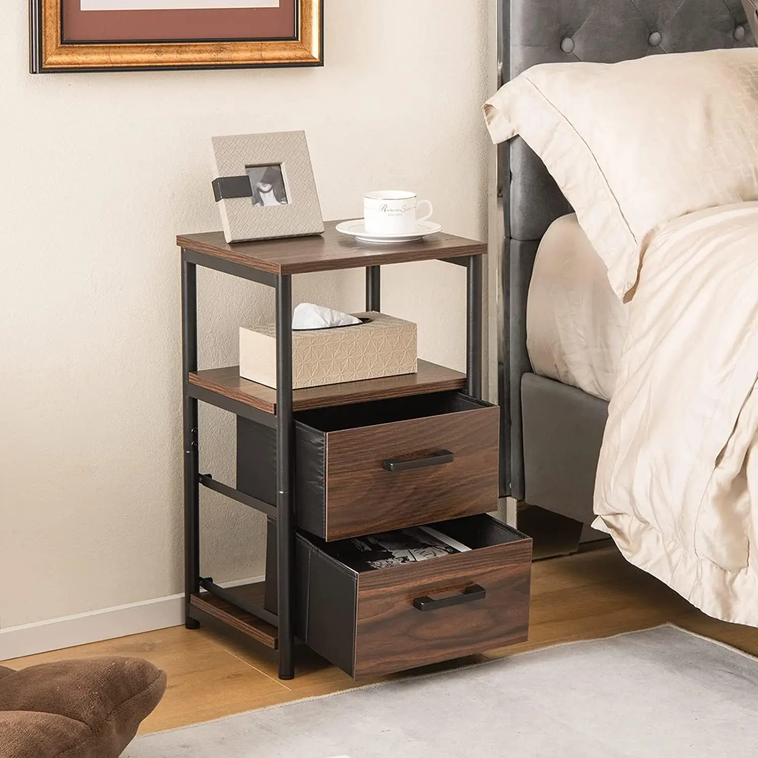 

Industrial Style Walnut Finish Compact Size Nightstand with Open Shelf and Fabric Drawers Bedroom Furniture