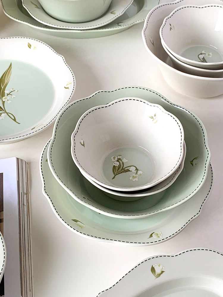 

Dish set Ceramic irregular shape Japanese ins style simple lily of the valley series tableware Household combination High-grade