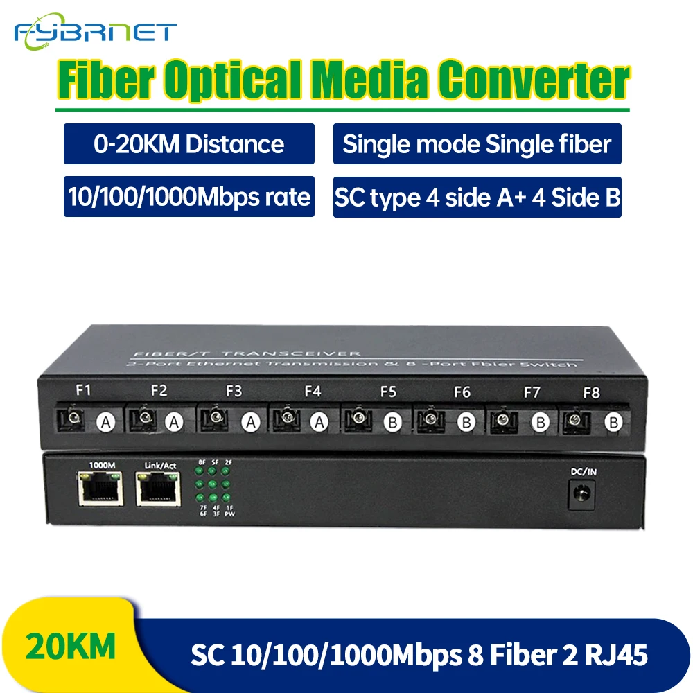 Switch ethernet de fibra gigabit, 1000m, 8*1.25g, porta sc, 2 portas rj45, conversor de mídia rápida, 20km, modo único, transceptor de fibra simplex