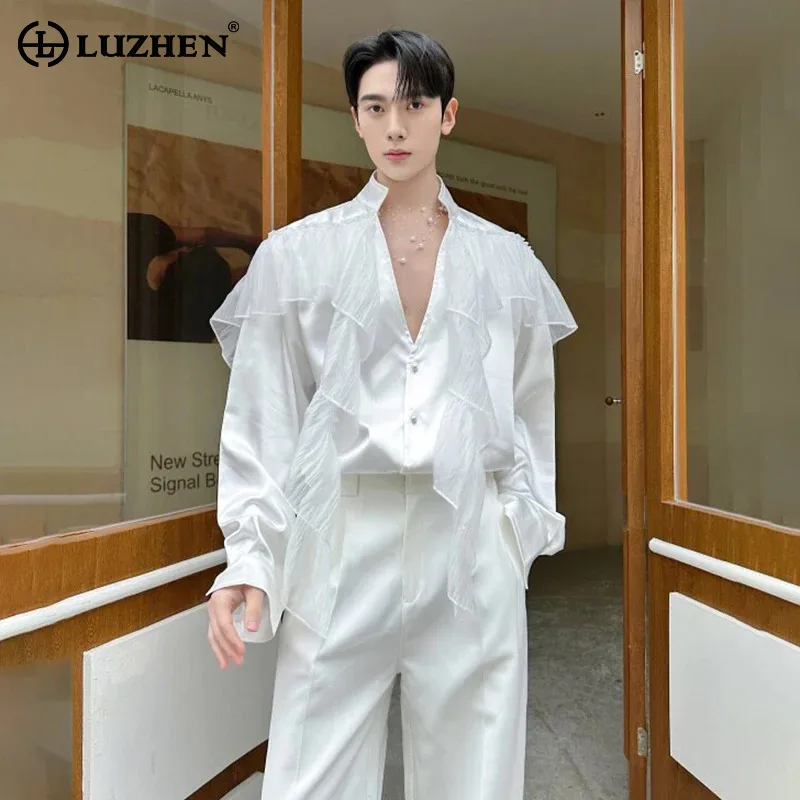 

LUZHEN 2026 Весна Новинка: Элегантные мужские рубашки с длинным рукавом во французском стиле, с сетчатыми вставками, однотонные, JY6317