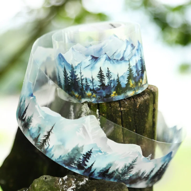 4.5x200cm Mountain Forest Landscape Washi Tape, Seamless DIY Scene Sticker Roll for Journal Decoration (1 Roll)