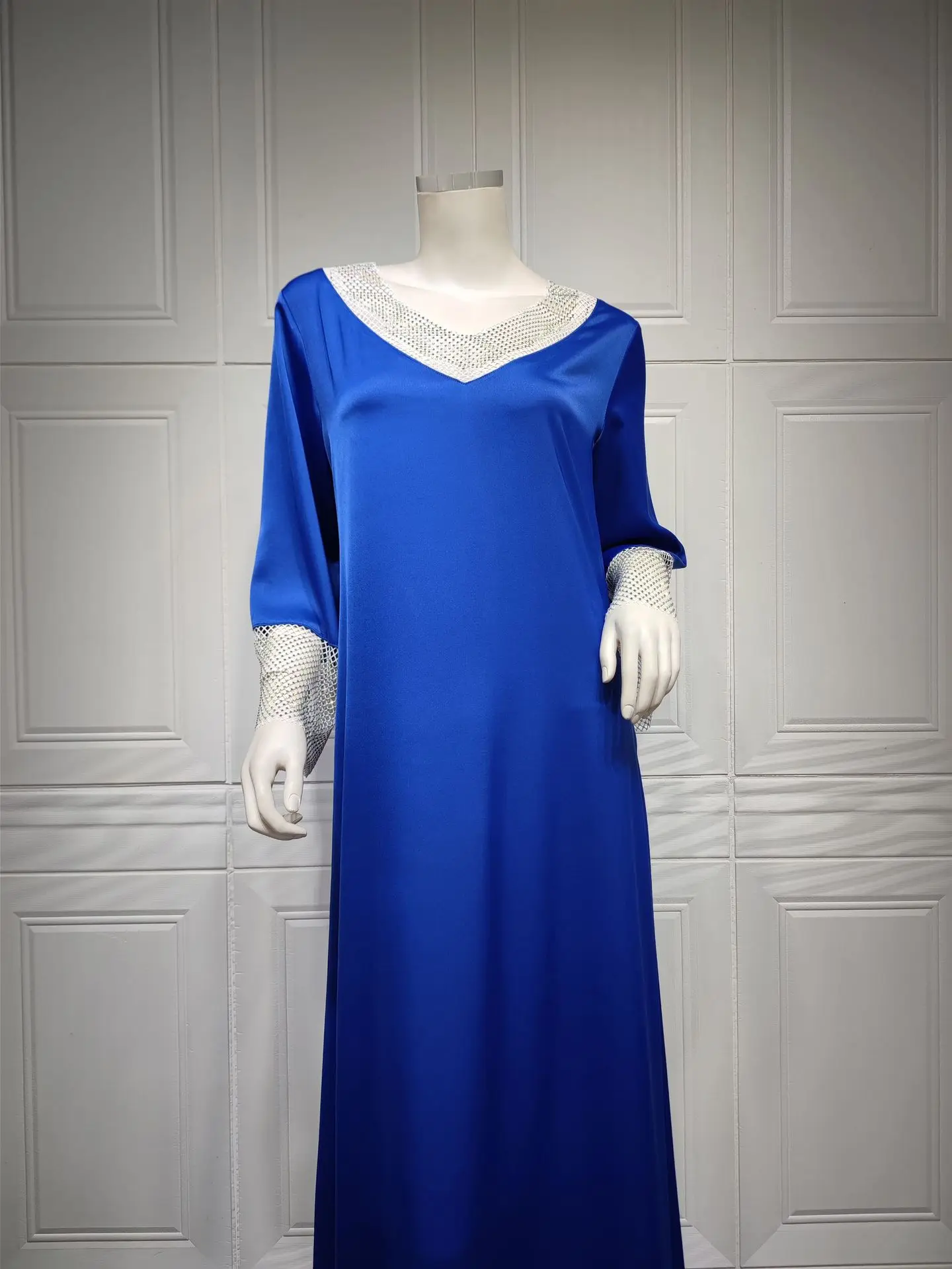 Moslimvrouwen maxi-jurk effen kleur satijn stretch mesh strass lange jurk luxe dameskleding abaya gewaad