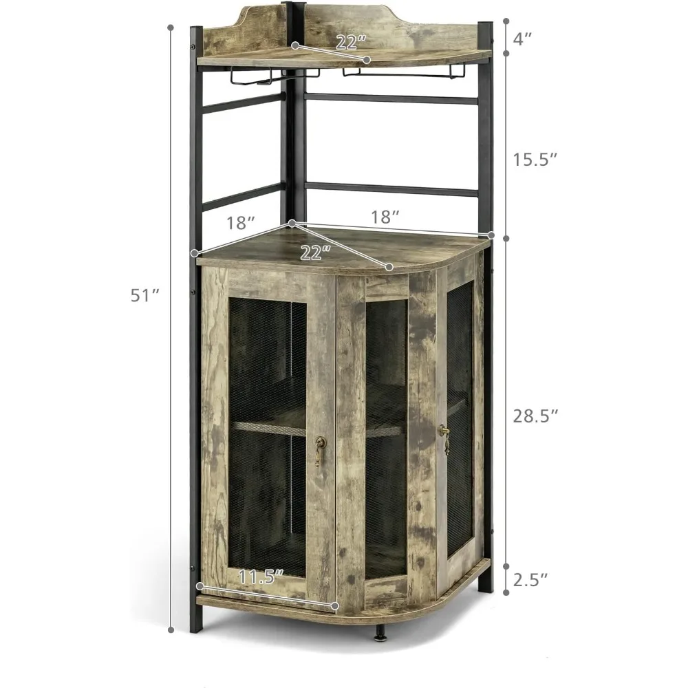 خزانة بار زاوية مع حامل زجاجي، خزانة مشروبات صناعية مع أبواب شبكية معدنية ورف قابل للتعديل، خزانة بوفيه مع نملة