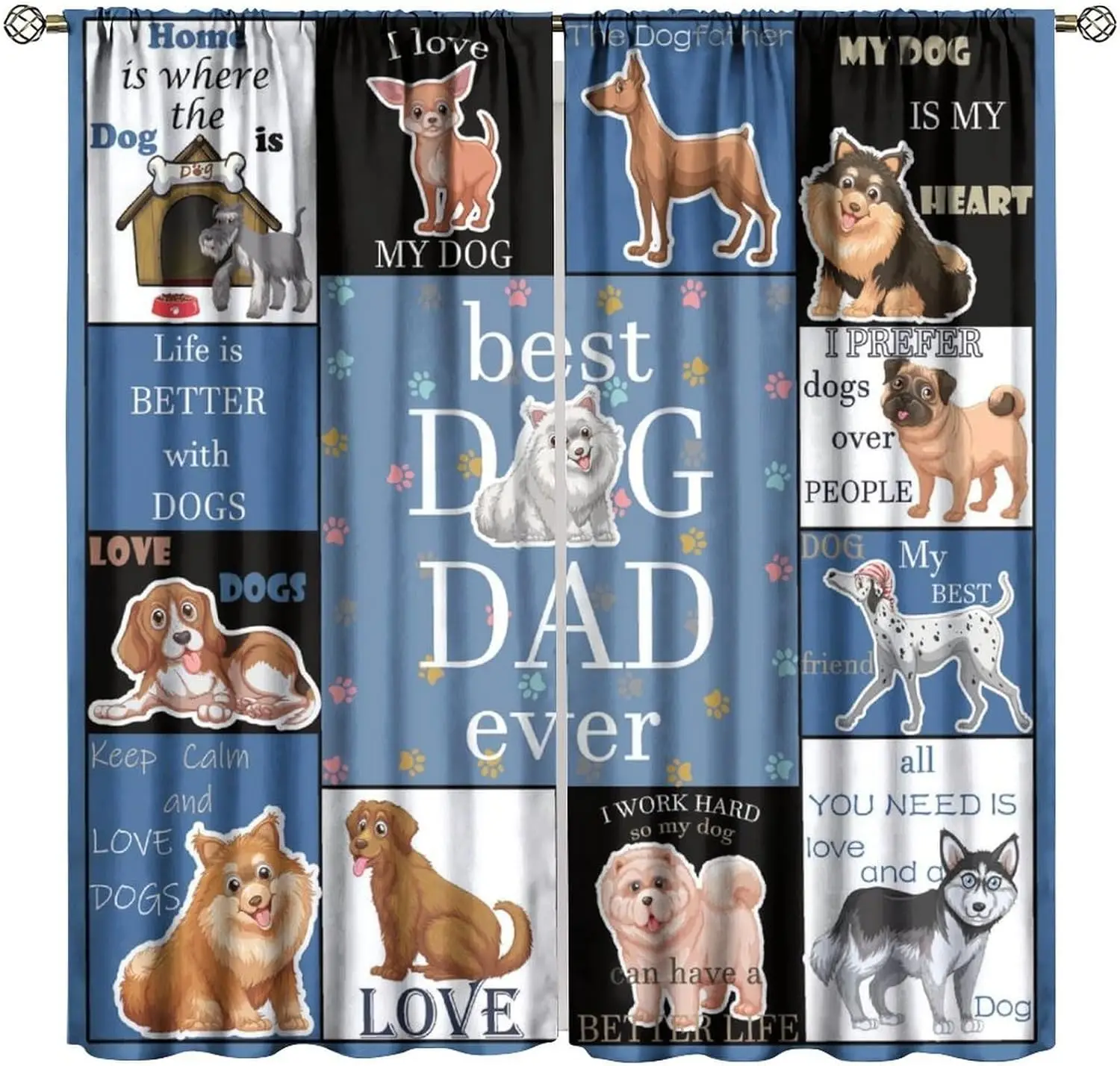 Best Dog Dad Curtain for Men Boys, Dogs Lovers for Male, Dogs Dad Birthday Christmas Fathers Day Printed Rod Pocket Blackout
