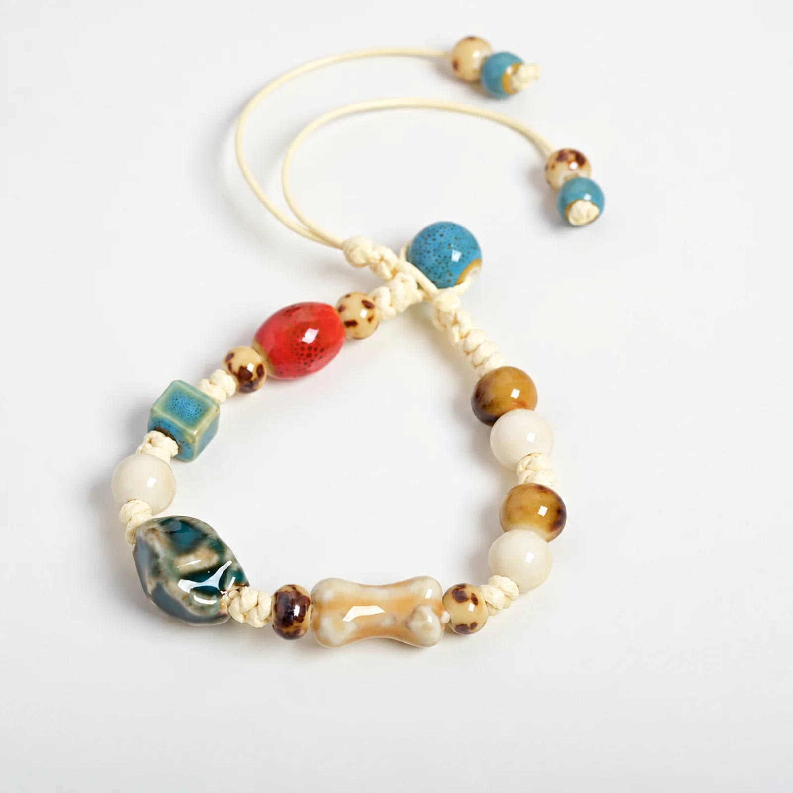 Handmade Ceramic Bead Wax Cord Hand Braided Adjustable Bracelet with Ceramic Bone and Walnut Bead Details 609P5-11