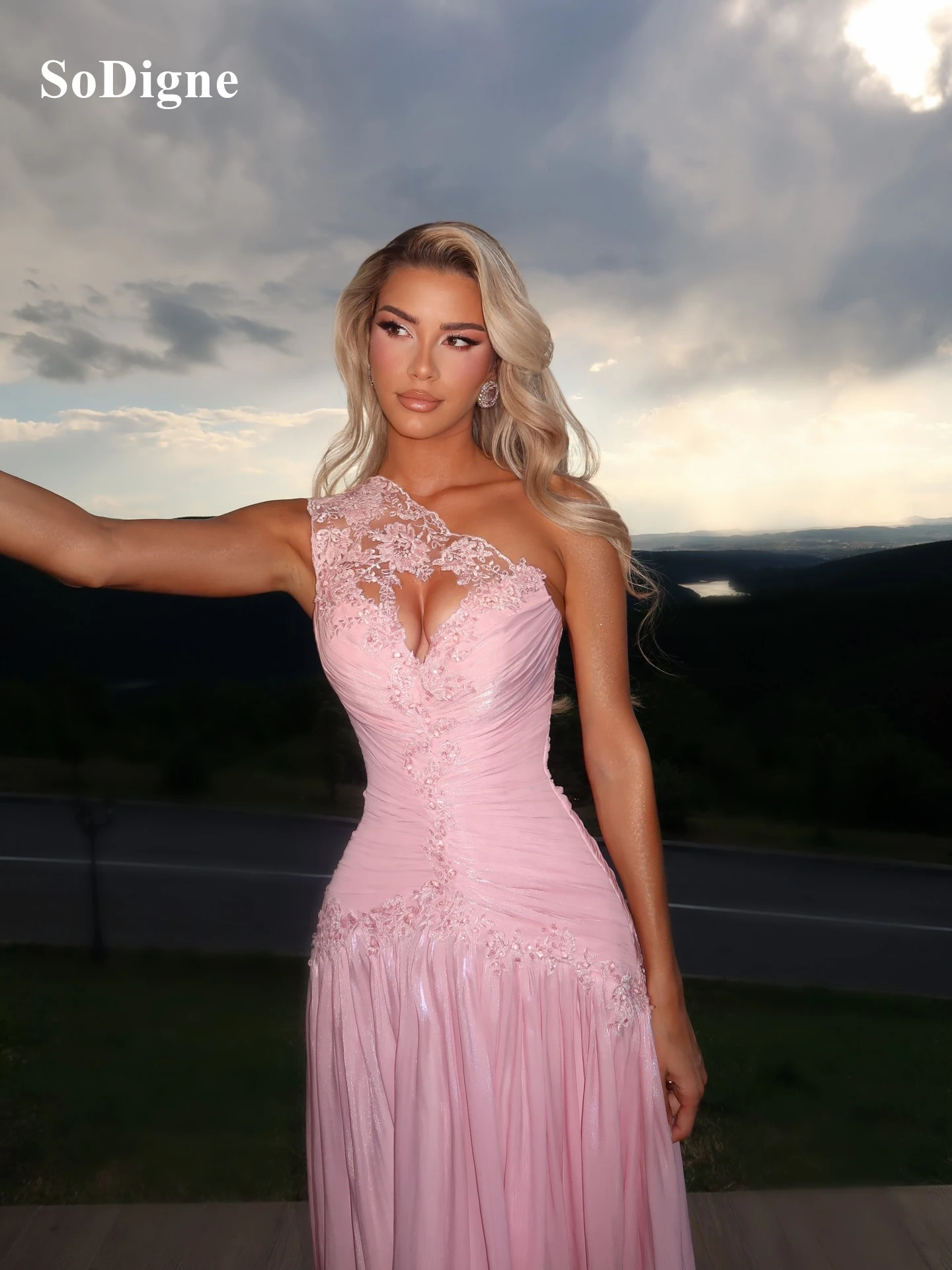 SoDigne Sexy Low Cut-out Evening Dresses Lace Patchwork Pleated Sleeveless Party Gowns Chic Draped A-Line Prom Dress Customized