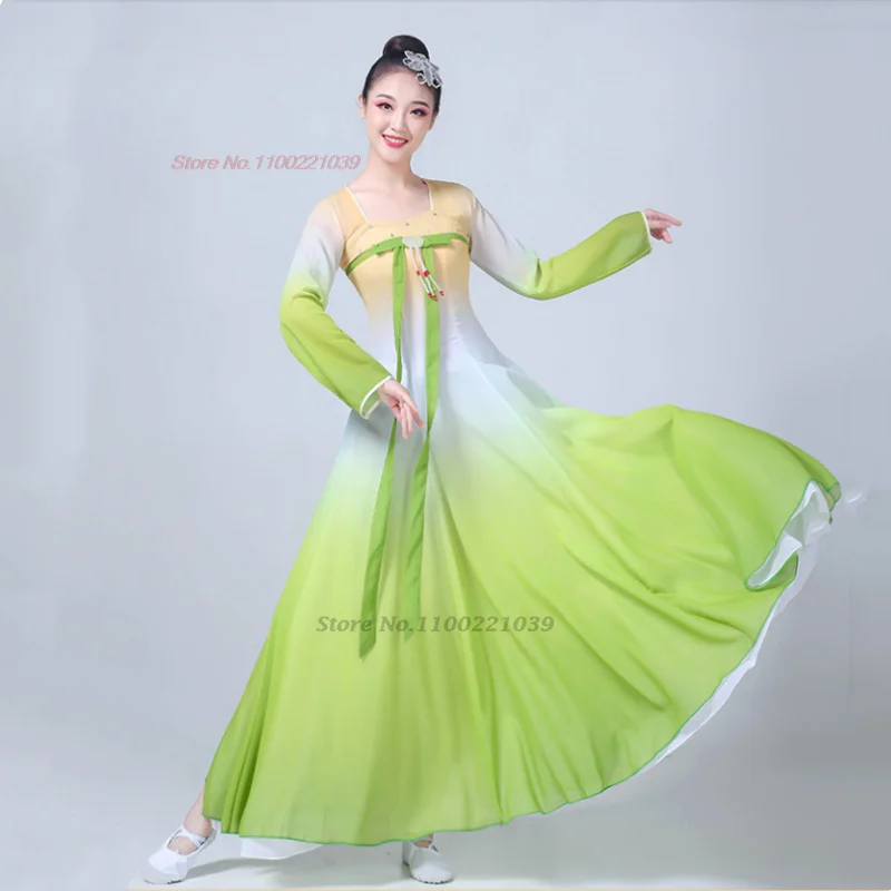 Chiński strój taneczny vintage z 2025 roku, narodowy gradient kolorów, szyfonowa sukienka hanfu, tradycyjna sukienka ruqun na występy sceniczne, ludowa.