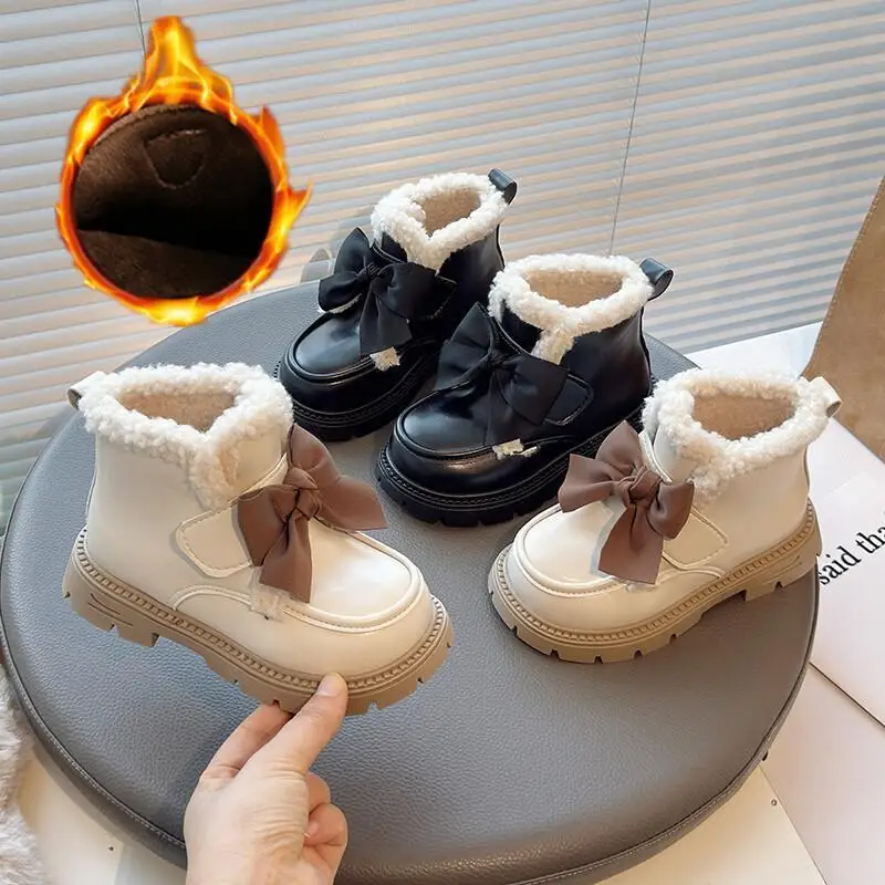 

Kawaii Casual Shoe Fashion Childrens Shoe Winter Girls Leather Shoes Princess Flats Soft Sole Warm Lined Bean Shoes For Toddler