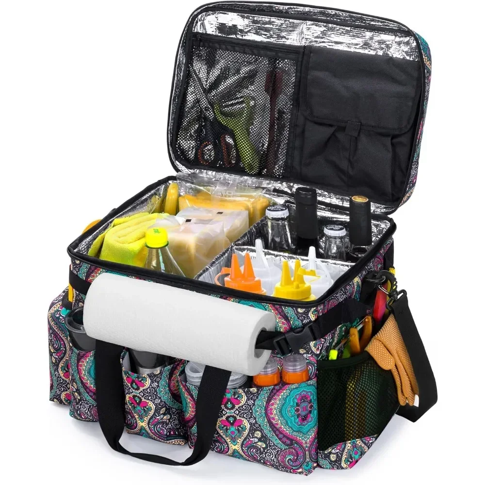 BBQ and Picnic Bag Organizer with Paper Towel Holder, Tailgating Accessories Basket for Barbecue Utensil Camping Gear Must Haves