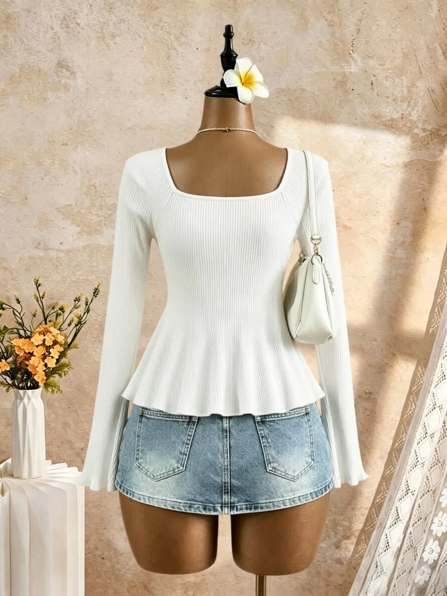 2 Pack Square Neck Ruched Tie Front Ribbed Flare Long Sleeve Peplum Top Slim Fit Y2K Sexy Fairy Vacation Shirt