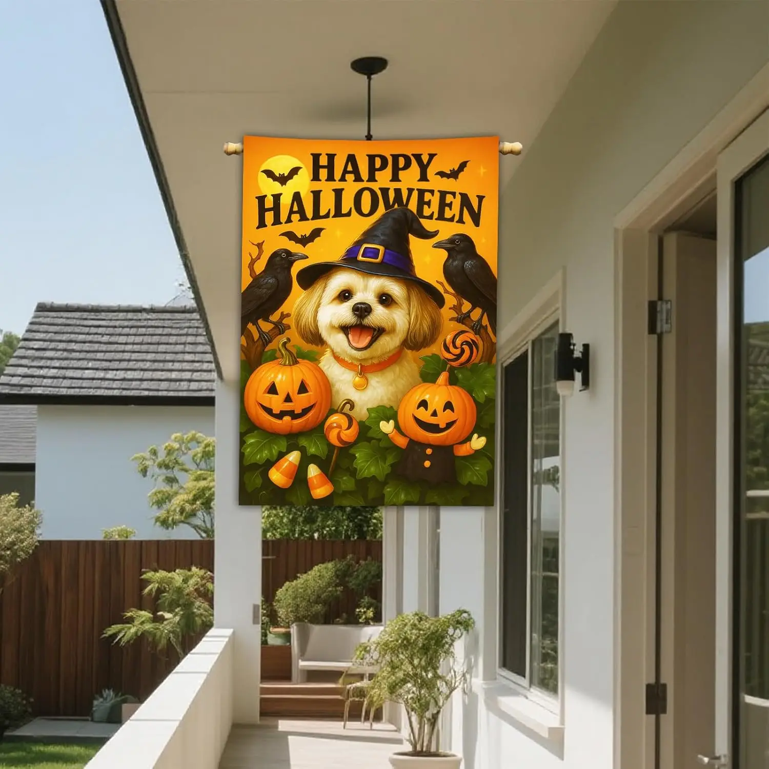 IVN Halloween Shih Tzu Garden Flag 28 x 40 Inch Double Sided House Flag with Witch Hat Pumpkin and Raven Design for Spooky O PPM