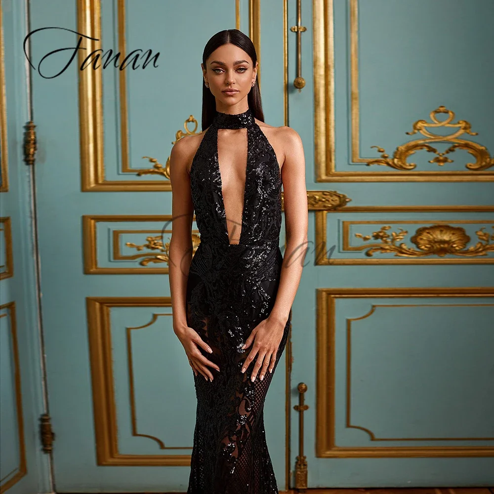 Customized Sexy Black Halter Neck Evening Dresses Backless Sequined Mermaid See-Through Clubbing Party Gown robe de soirée femme