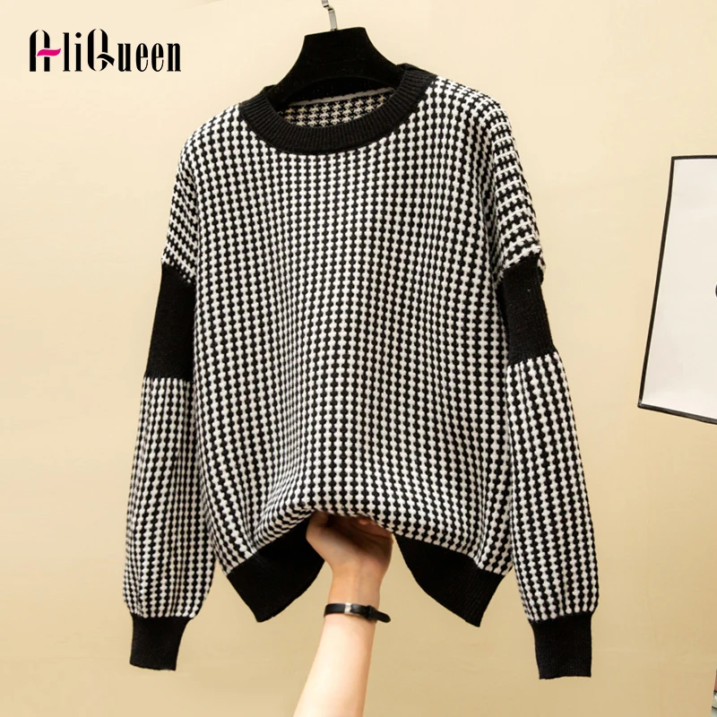 

New Autumn Streetwear Women Patchwork plaid Knitted Short Sweater Pullover Korean Students Winter Crop Oversized Sweaters Tops