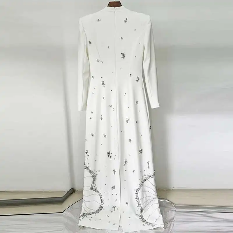 QMQA Fashion Women\'s Banquet Dresses Designer Nail Bead Diamond Spliced High Waist Slimming Evening Elegant 2025 Female New QM74