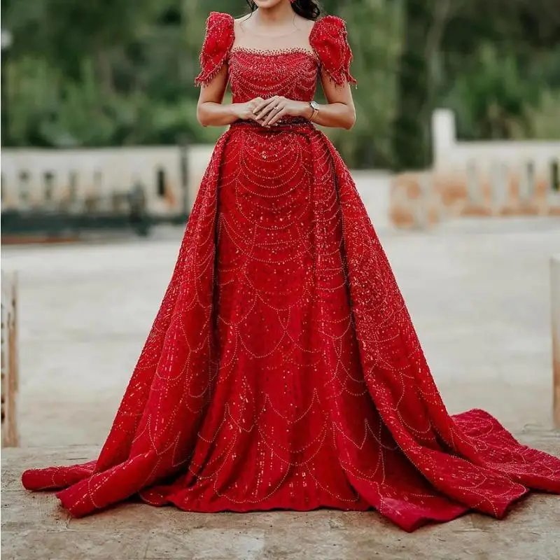 Vestidos de noite elegantes femininos com trem, O-Gola, Manga curta, Pérolas, Longo, Ocasião formal, Vestido de formatura, Casamento, Saudita, Árabe, Tarde, 2022