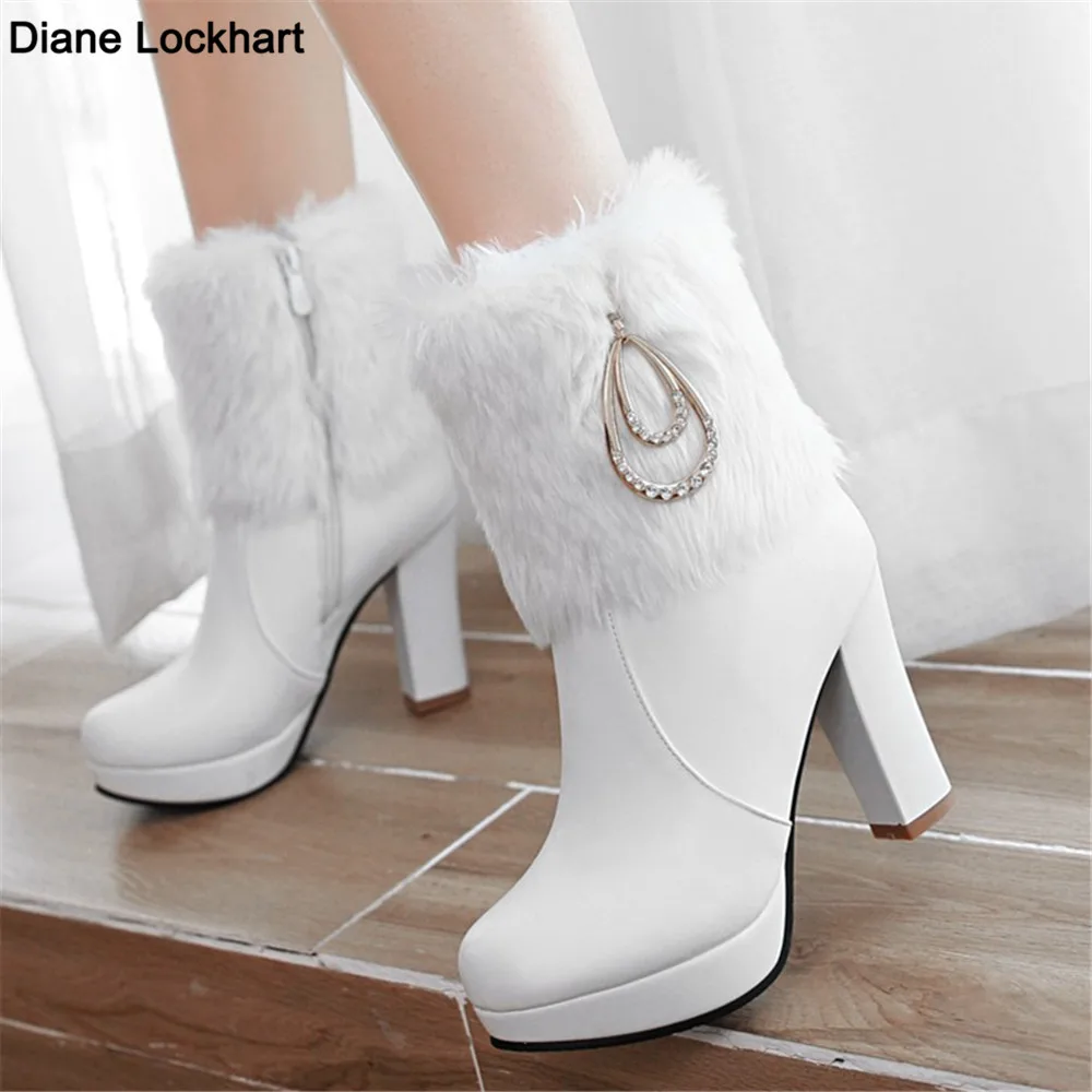 Boots Women Autumn Winter New Fur Round Head Zipper Crystal Thick Heel High Heels Short Tube Boats Ladies Shoes size 35-43 White