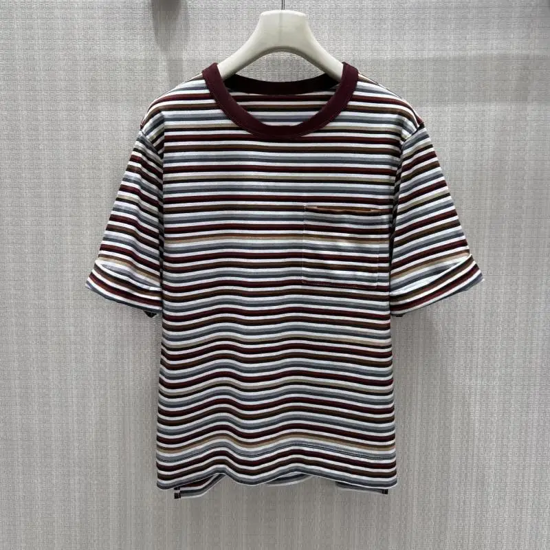 New Fashion All-match Slimming Round Neck Short Sleeve Striped T-shirt Female Style Light Luxury Simple Exquisite Embroidery
