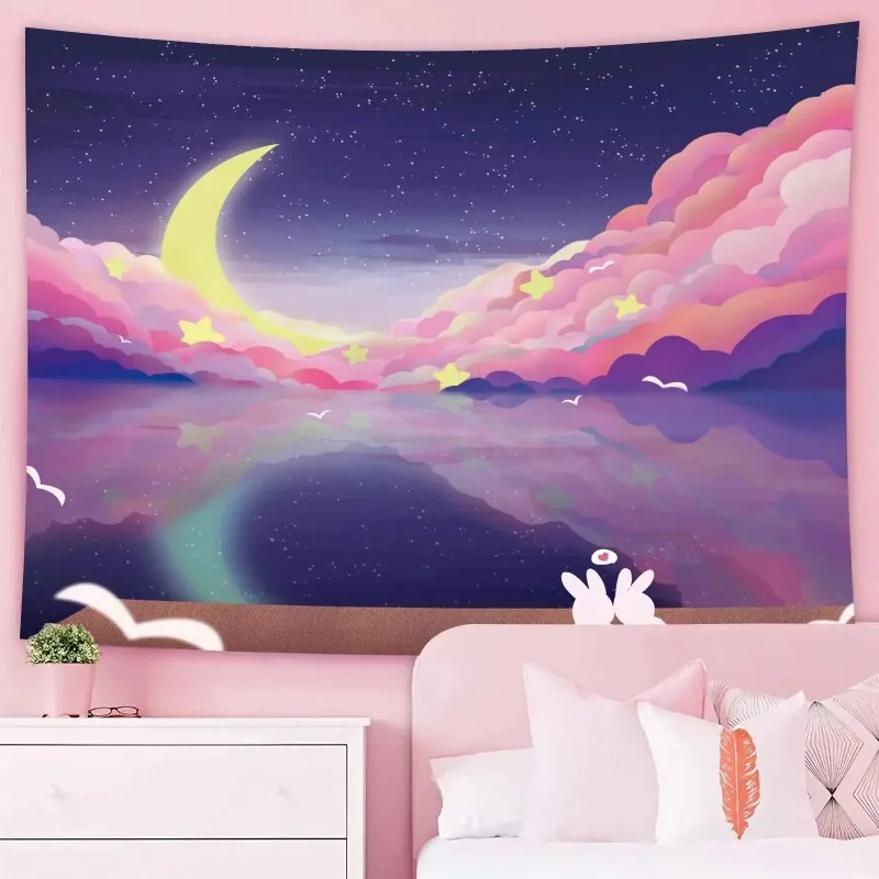 Night sky moon pattern tapestry room wall background cloth kawaii pink clouds bedroom living room hanging cloth