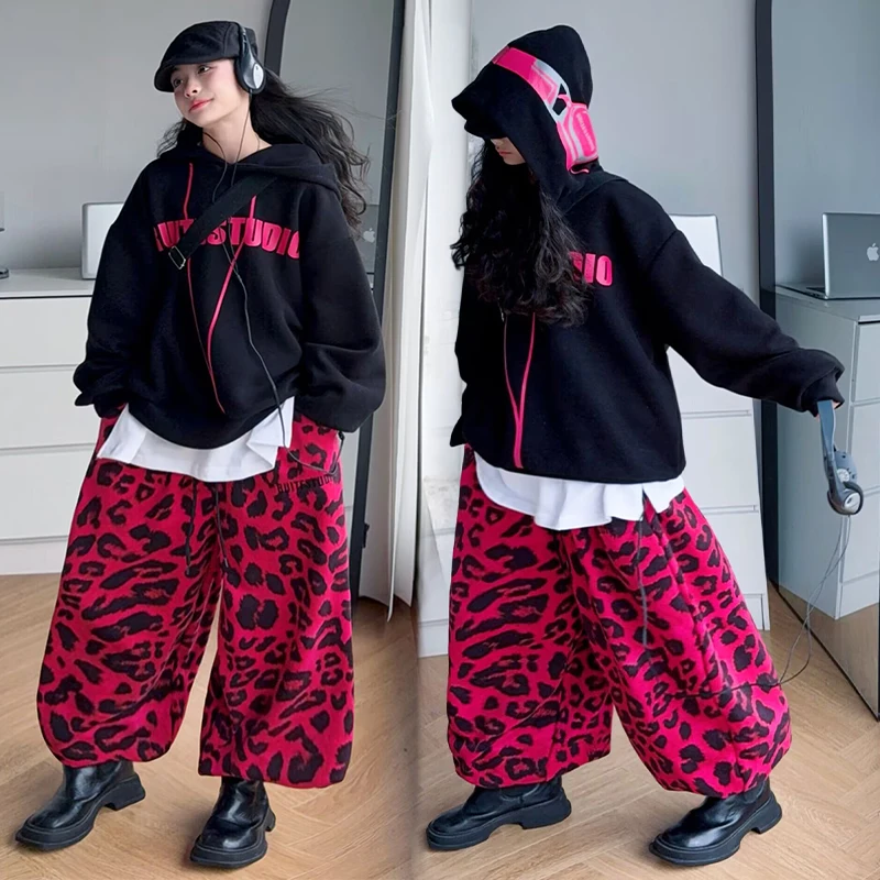 

Girl Clothes Set 4-14Y Kid Clothing Set Child 2Piece Of Street Style Hooded Top+Long Pants Bottom Toddle Loose Pink Leopard Suit