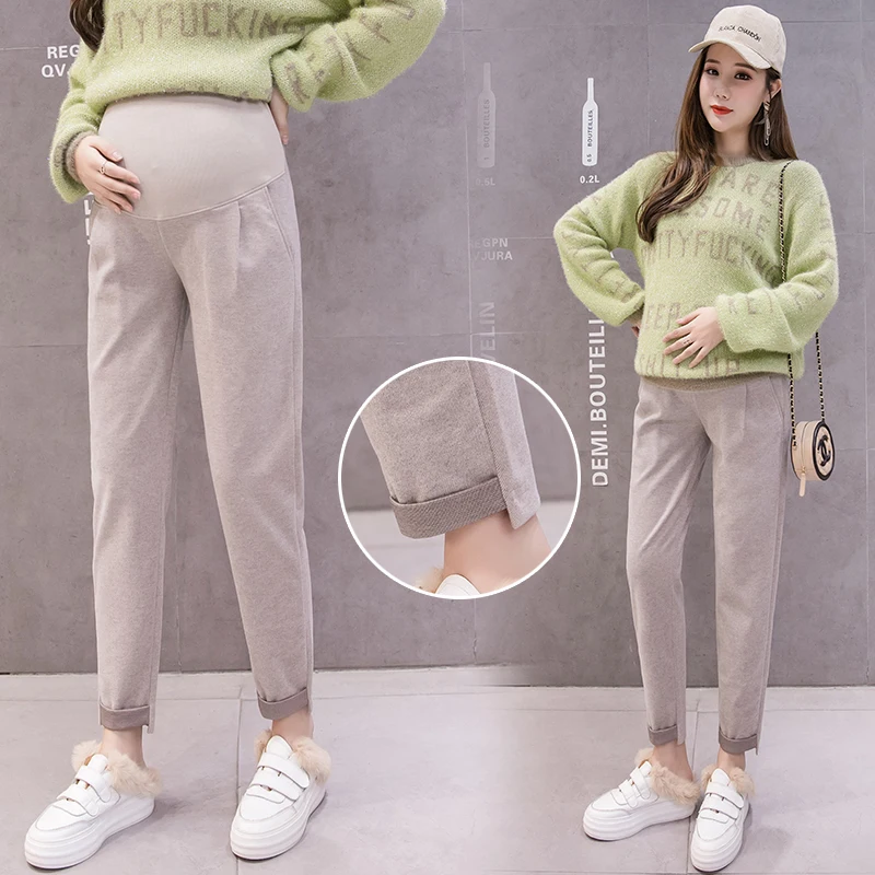 

Autumn Winter Dense Woolen Maternity Pants Roll Up leg Elastic Waist Belly Trousers Clothes for Pregnant Women Casual Pregnancy