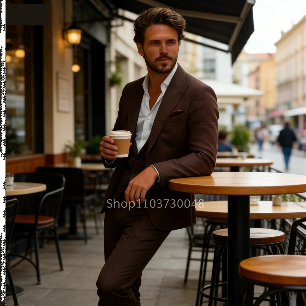 

Мужской льняной костюм slim fit для свадьбы, с лацканами, повседневный, для свадебных торжеств, пиджак и брюки, летний, 3 предмета