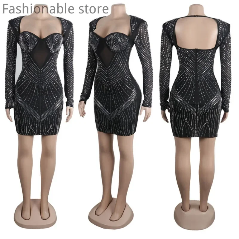 Dames sexy strass backless feestjurk met lange mouwen