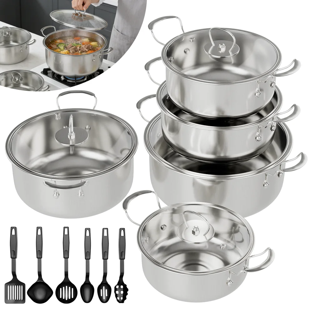 Edelstahl-Topfset Kochgeschirr-Set mit Spatel und Löffel Geeignet für Induktionskochfelder und Gasherde Küchen-Kochset